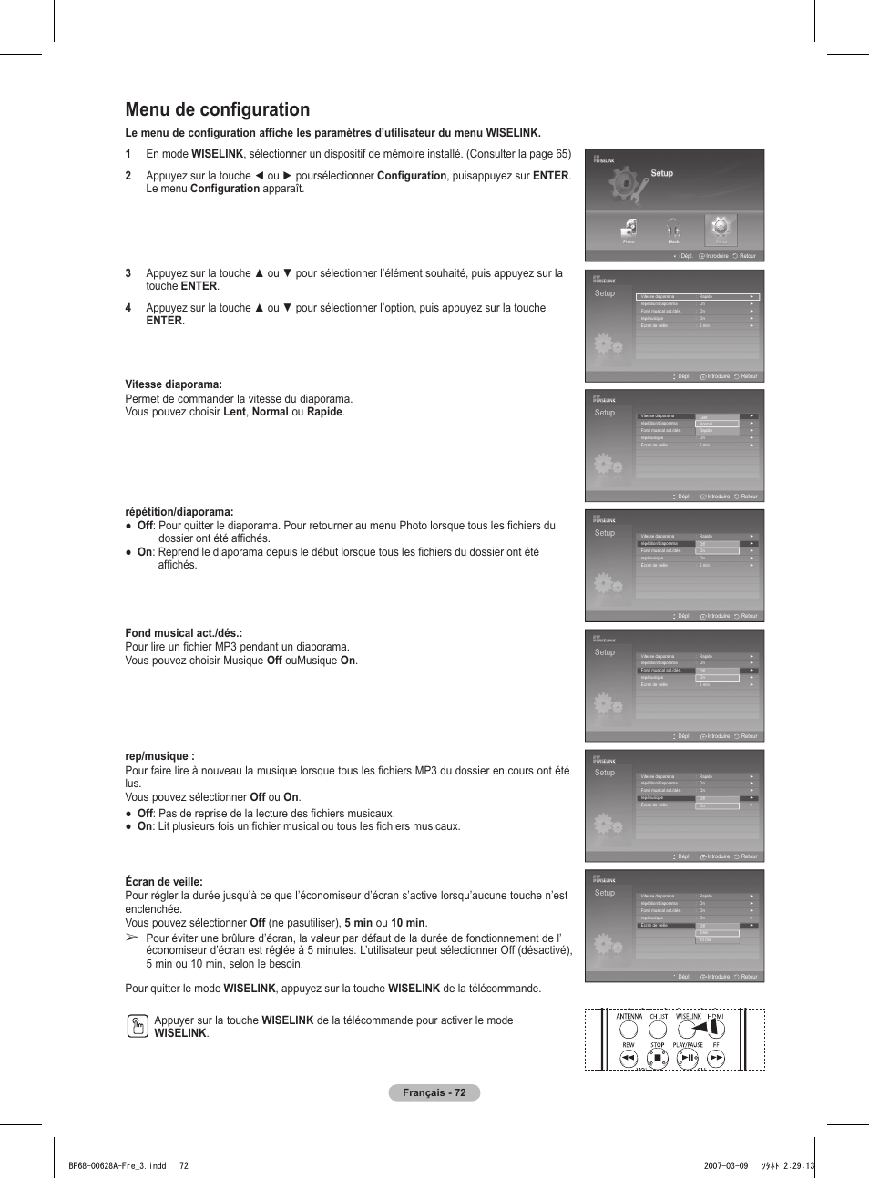 Menu de configuration, Français - 72 | Samsung HLT5087SAX-XAA User Manual | Page 155 / 236
