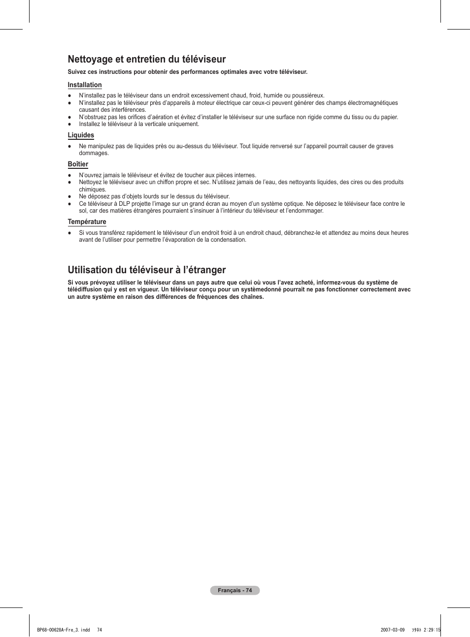Nettoyage et entretien du téléviseur, Utilisation du téléviseur à l’étranger | Samsung HLT5087SAX-XAA User Manual | Page 157 / 236
