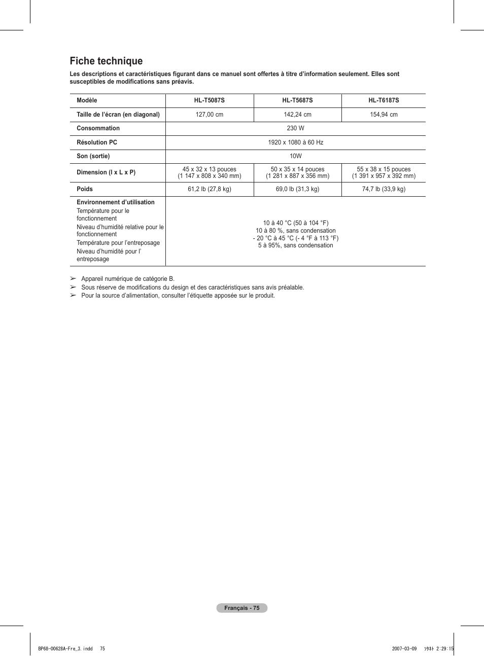 Fiche technique | Samsung HLT5087SAX-XAA User Manual | Page 158 / 236