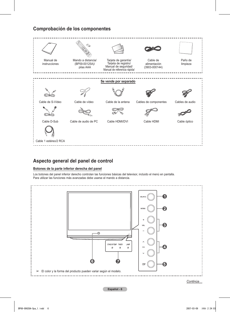 Aspecto general del panel de control, Comprobación de los componentes | Samsung HLT5087SAX-XAA User Manual | Page 165 / 236