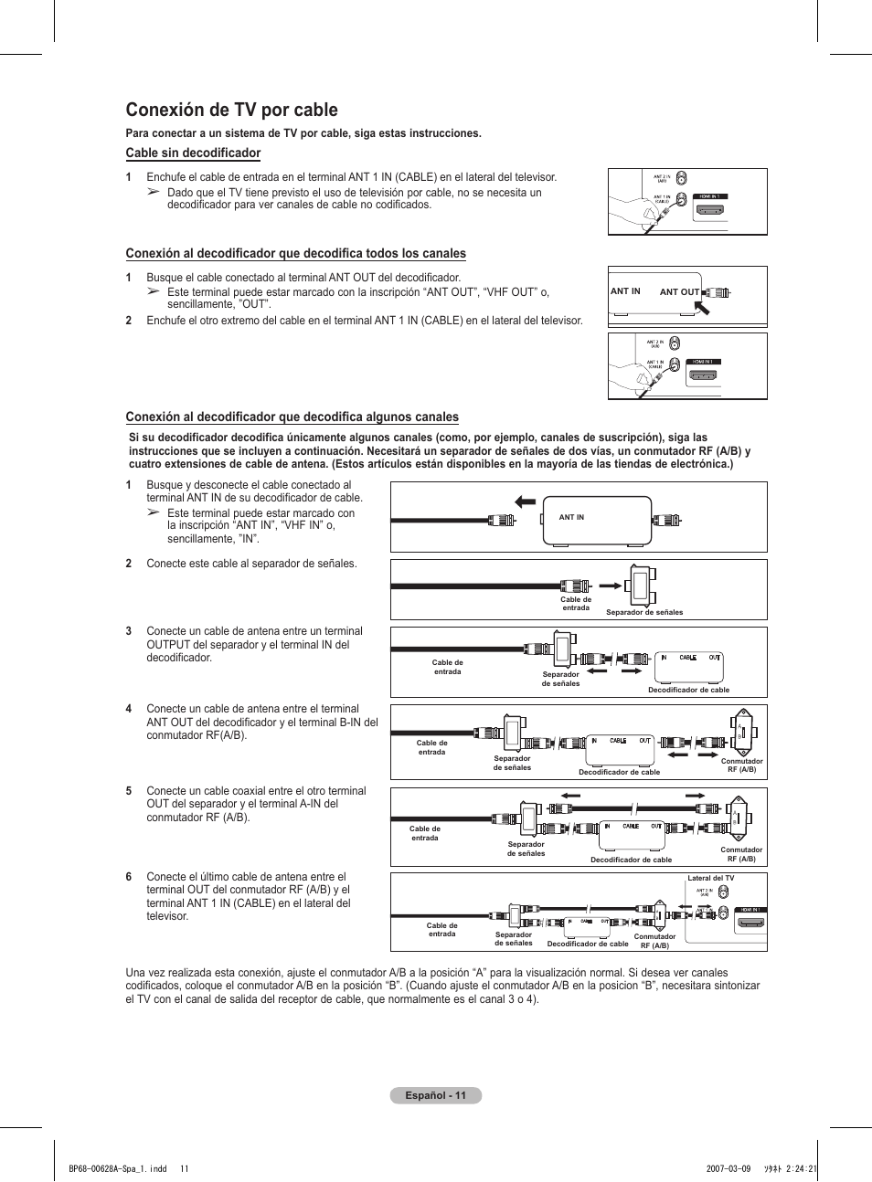 Conexión de tv por cable | Samsung HLT5087SAX-XAA User Manual | Page 170 / 236