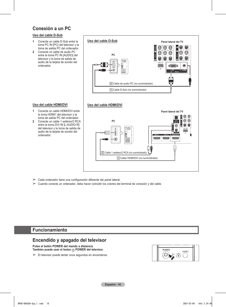 Conexión a un pc, Funcionamiento encendido y apagado del televisor | Samsung HLT5087SAX-XAA User Manual | Page 175 / 236