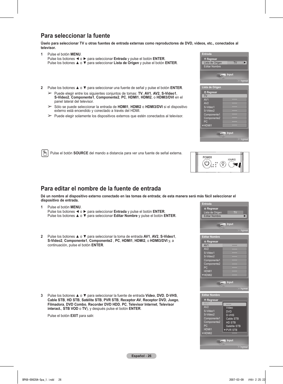 Para seleccionar la fuente, Para editar el nombre de la fuente de entrada | Samsung HLT5087SAX-XAA User Manual | Page 185 / 236