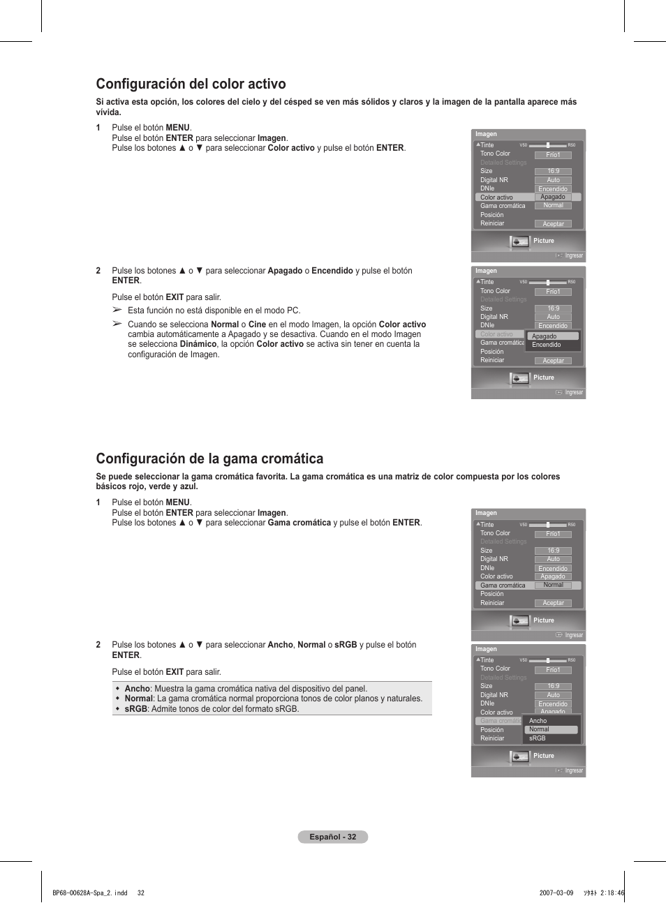 Configuración de la gama cromática, Configuración del color activo | Samsung HLT5087SAX-XAA User Manual | Page 191 / 236