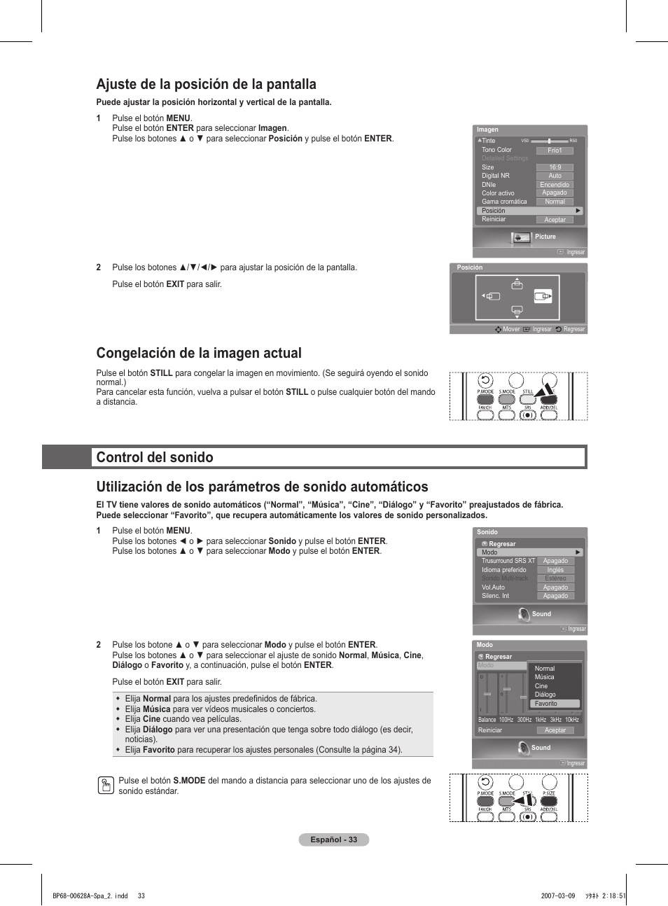 Ajuste de la posición de la pantalla, Congelación de la imagen actual | Samsung HLT5087SAX-XAA User Manual | Page 192 / 236