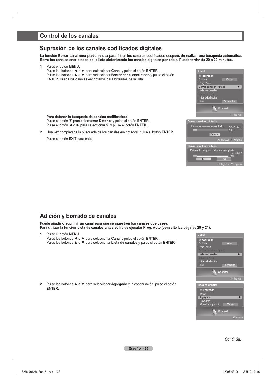 Adición y borrado de canales, Continúa | Samsung HLT5087SAX-XAA User Manual | Page 197 / 236