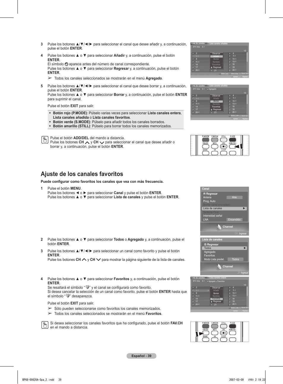 Ajuste de los canales favoritos | Samsung HLT5087SAX-XAA User Manual | Page 198 / 236