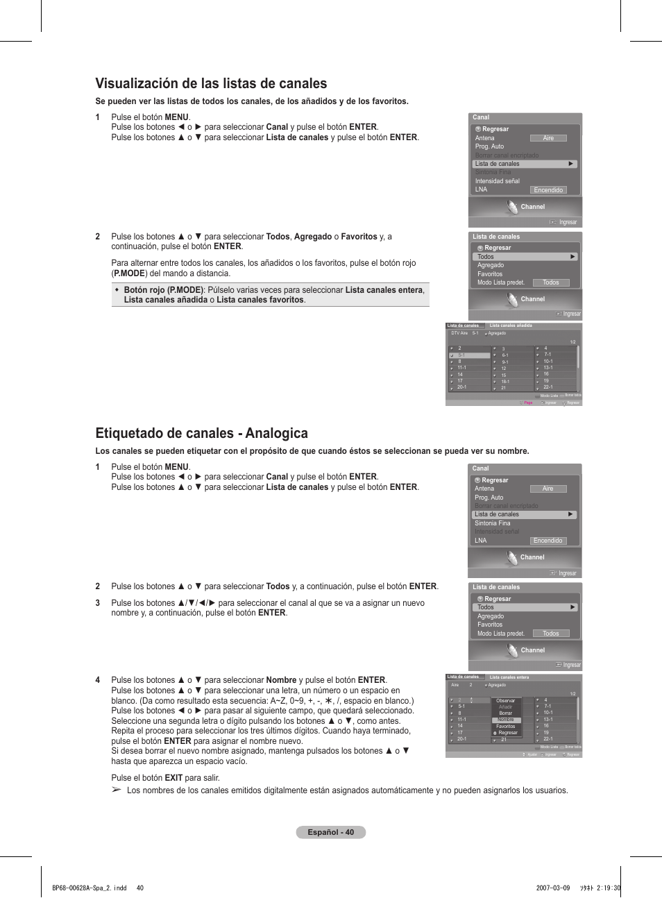 Etiquetado de canales - analogica, Visualización de las listas de canales | Samsung HLT5087SAX-XAA User Manual | Page 199 / 236