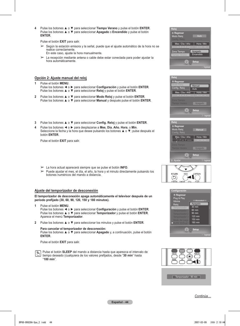Continúa, Opción 2: ajuste manual del reloj, Ajuste del temporizador de desconexión | Samsung HLT5087SAX-XAA User Manual | Page 203 / 236