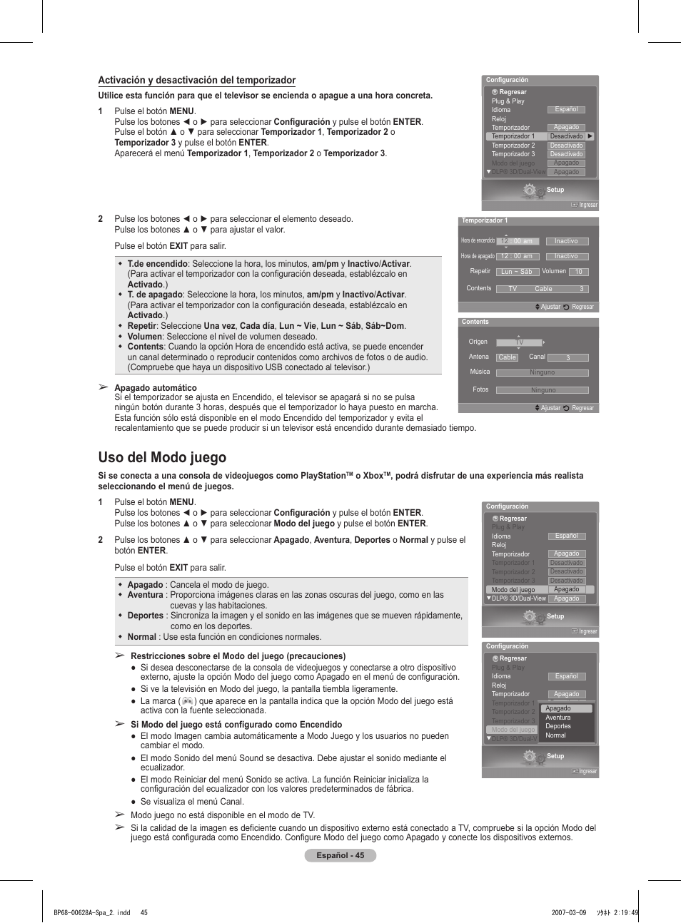 Uso del modo juego | Samsung HLT5087SAX-XAA User Manual | Page 204 / 236