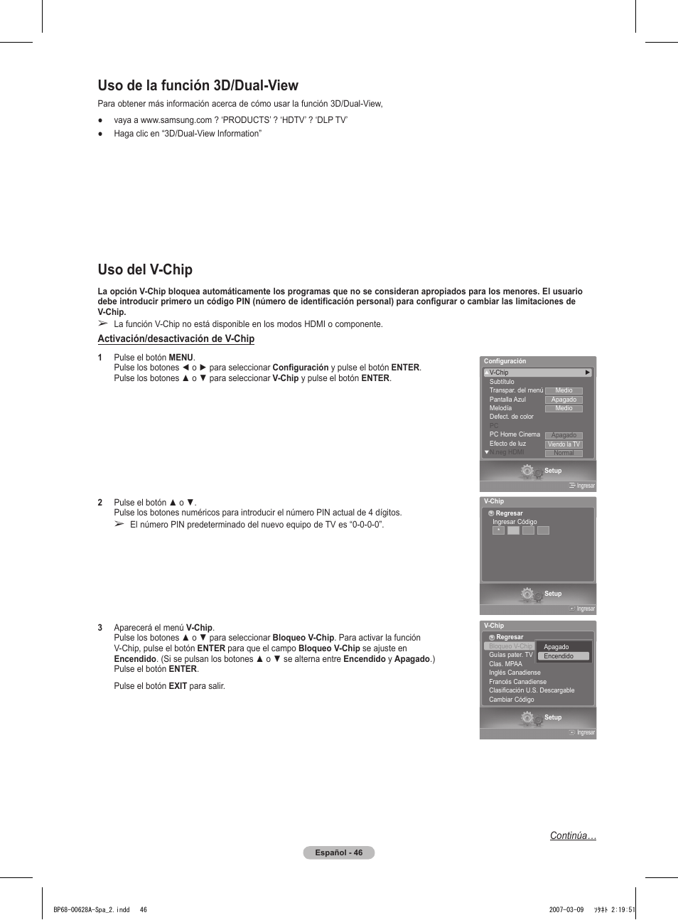 Uso del v-chip, Uso de la función 3d/dual-view | Samsung HLT5087SAX-XAA User Manual | Page 205 / 236