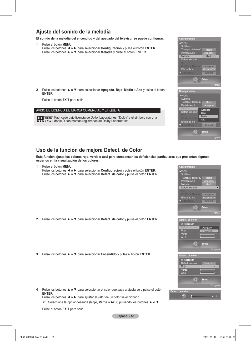 Uso de la función de mejora defect. de color, Ajuste del sonido de la melodía | Samsung HLT5087SAX-XAA User Manual | Page 214 / 236