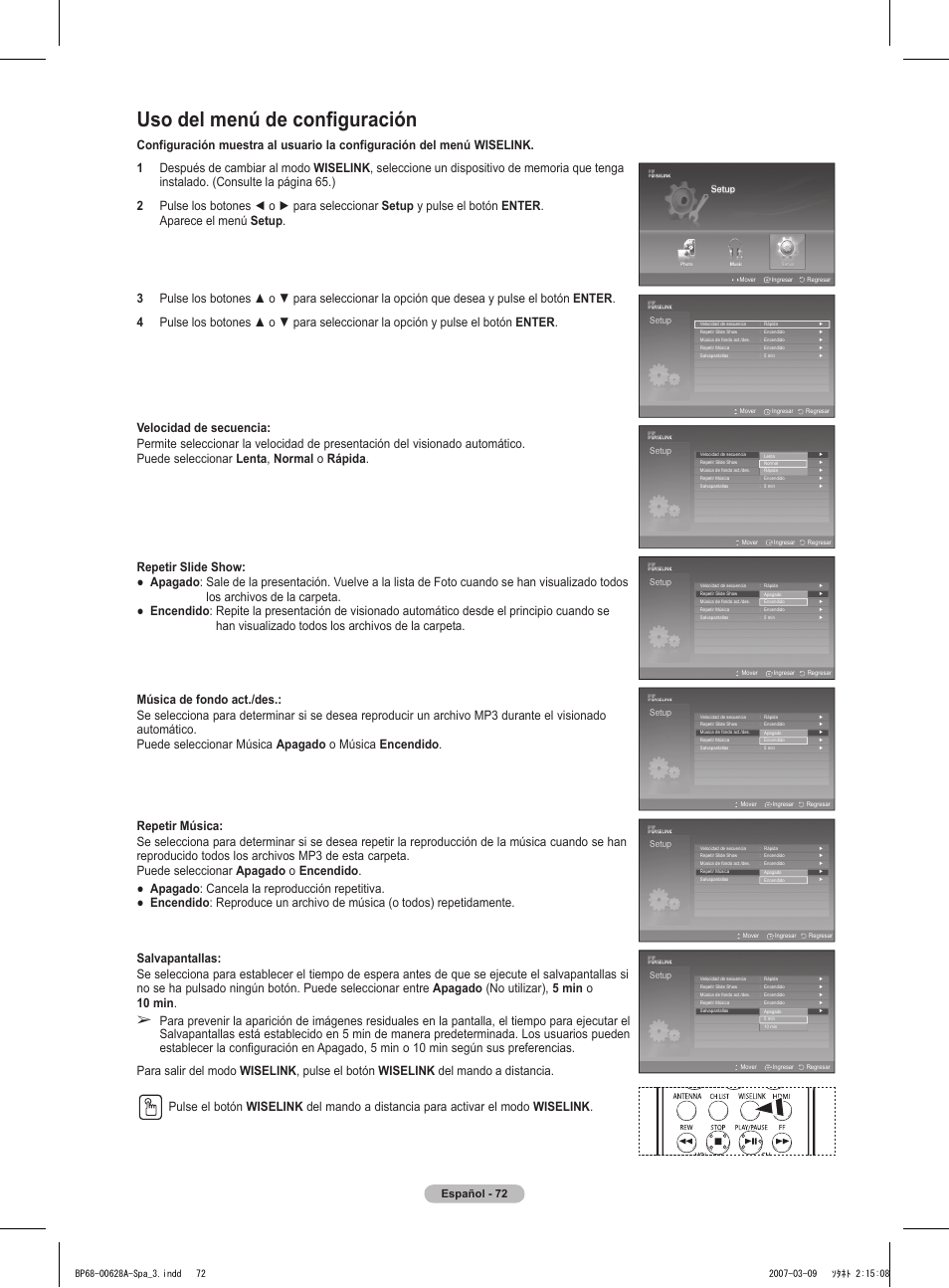 Uso del menú de configuración, Español - 72 | Samsung HLT5087SAX-XAA User Manual | Page 231 / 236
