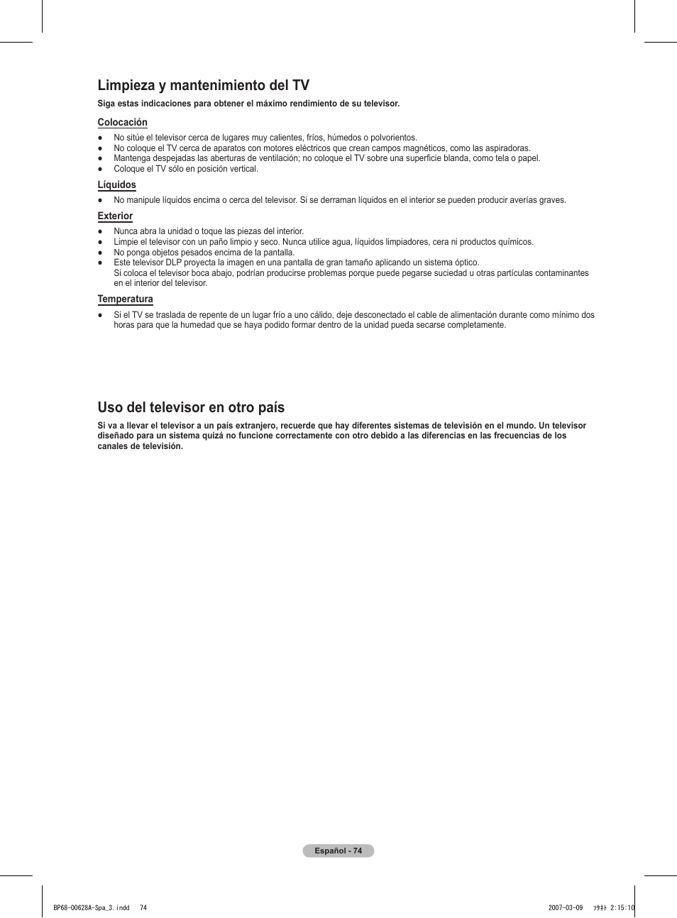 Limpieza y mantenimiento del tv, Uso del televisor en otro país | Samsung HLT5087SAX-XAA User Manual | Page 233 / 236