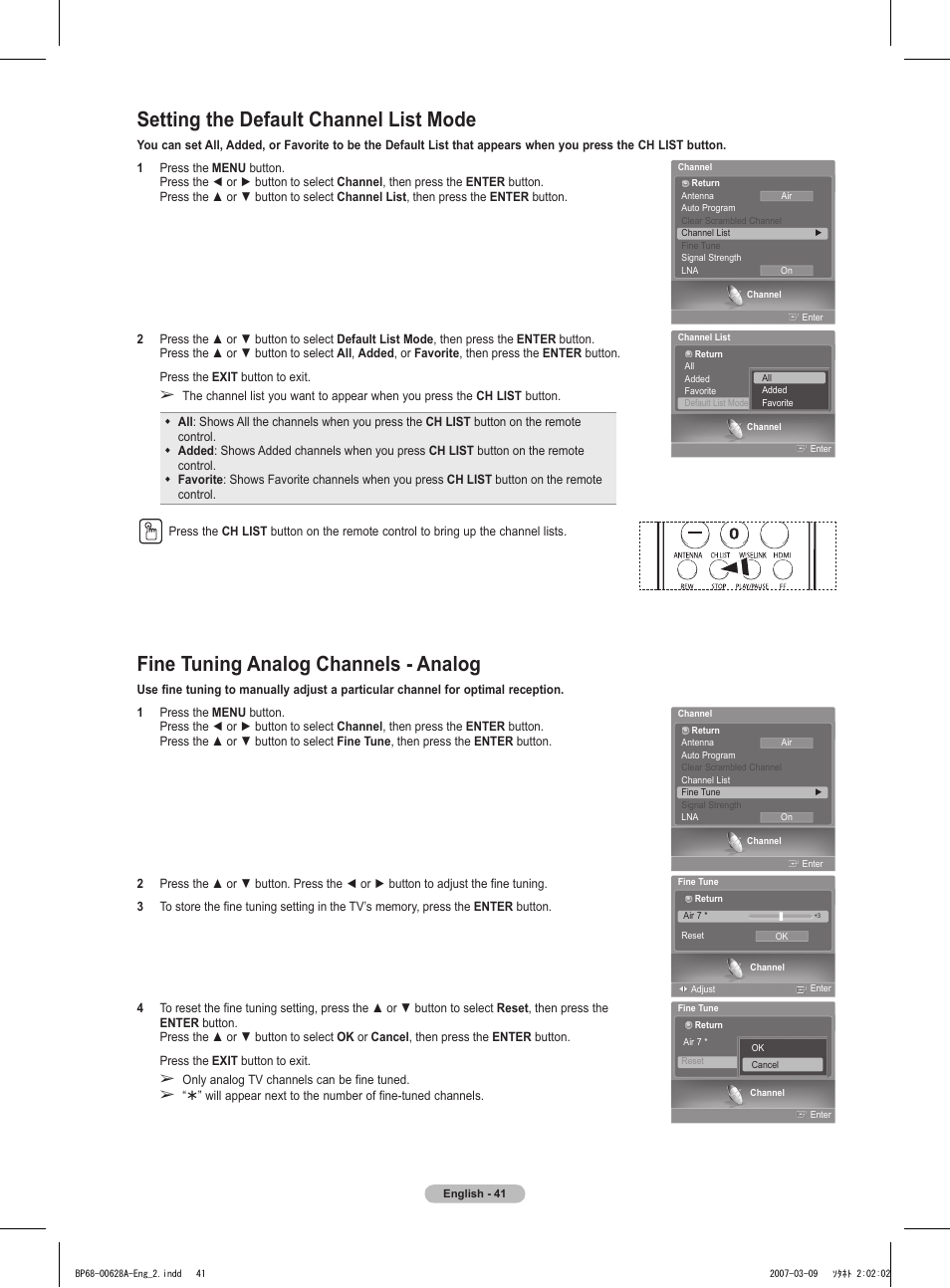 Setting the default channel list mode, Fine tuning analog channels - analog | Samsung HLT5087SAX-XAA User Manual | Page 41 / 236