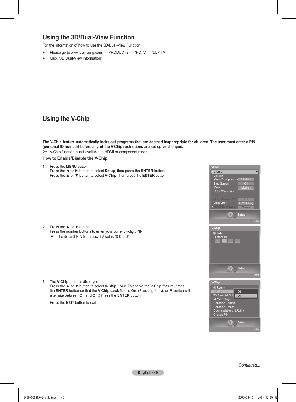 Using the 3d/dual-view function, Using the v-chip | Samsung HLT5087SAX-XAA User Manual | Page 46 / 236