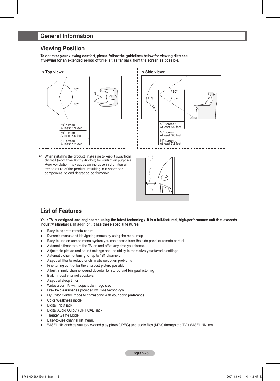 General information, Viewing position, List of features | General information viewing position | Samsung HLT5087SAX-XAA User Manual | Page 5 / 236