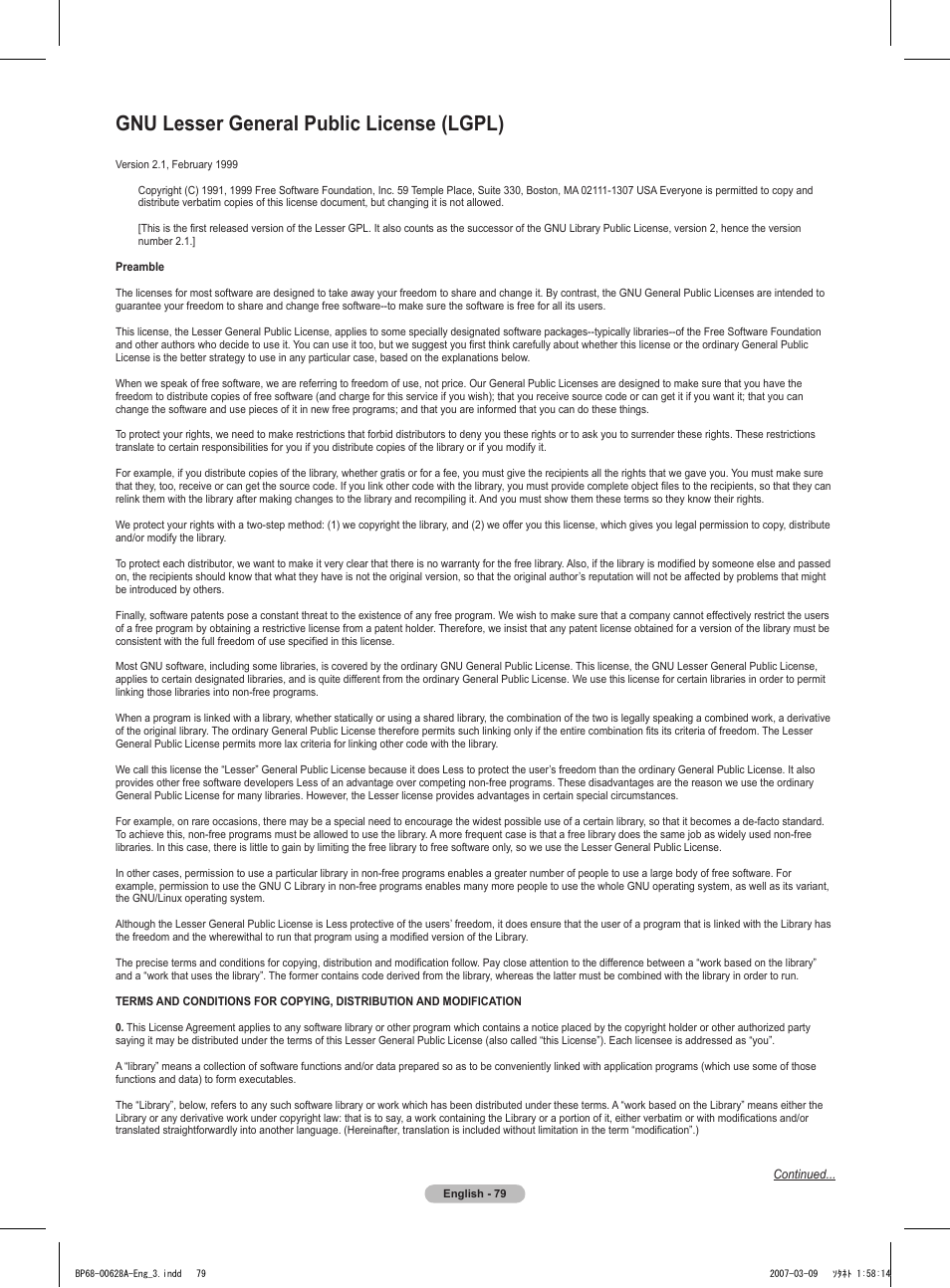 Gnu lesser general public license (lgpl) | Samsung HLT5087SAX-XAA User Manual | Page 79 / 236