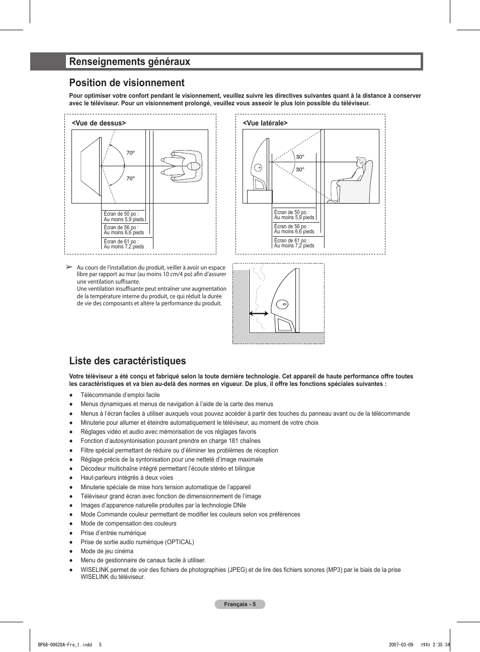 Renseignements généraux position de visionnement, Liste des caractéristiques | Samsung HLT5087SAX-XAA User Manual | Page 88 / 236