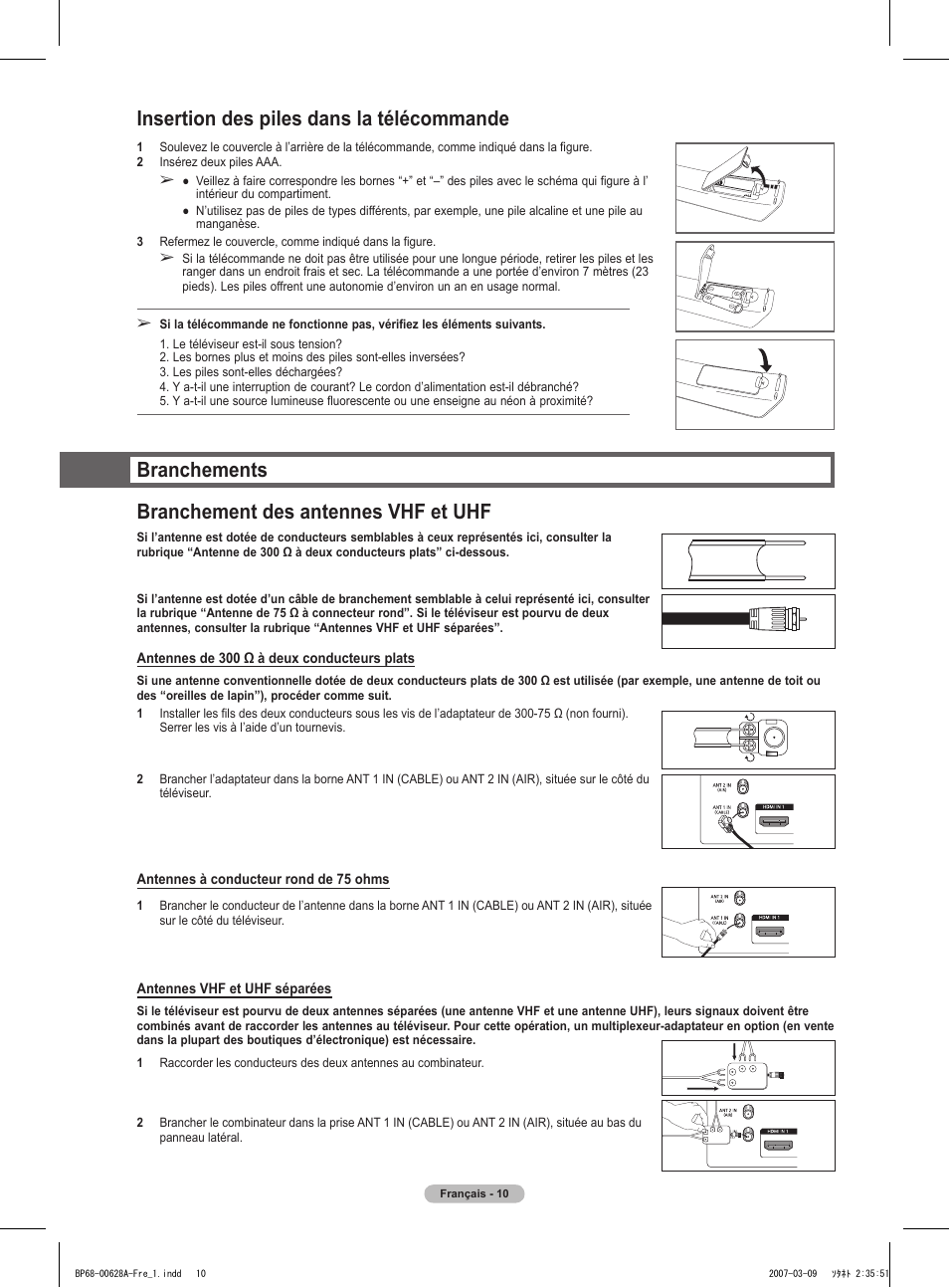 Insertion des piles dans la télécommande, Branchements branchement des antennes vhf et uhf | Samsung HLT5087SAX-XAA User Manual | Page 93 / 236