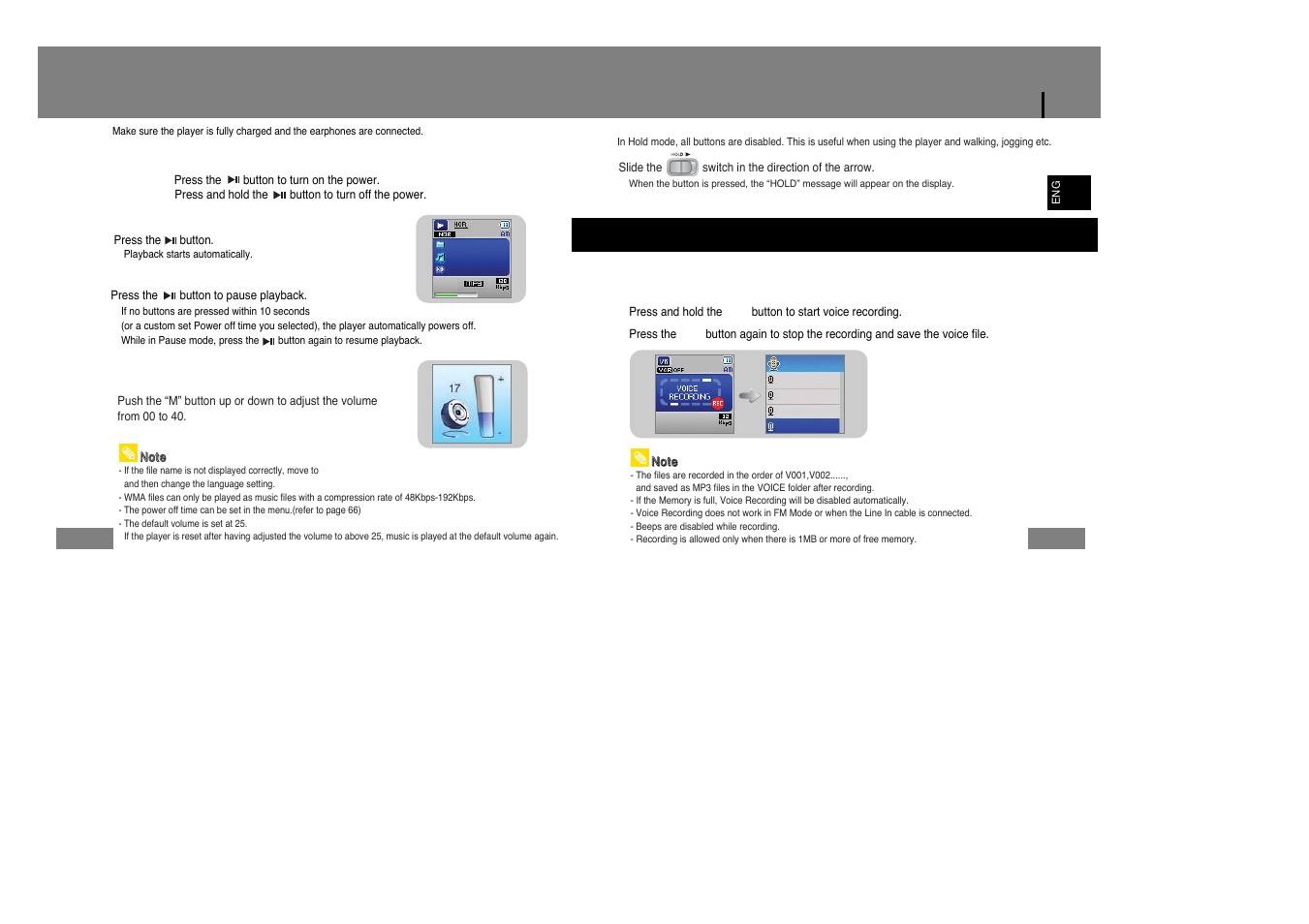 Basic usage, Playing music and turning off the device, Hold function | Recording voice, I playing music (power on), I pausing music (power off), I adjusting the volume, I turning power on and off | Samsung YP-T7Z-XAA User Manual | Page 21 / 40