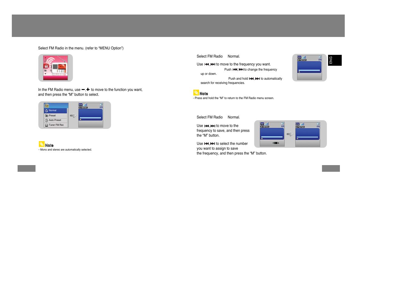 Fm radio settings, I listening to fm radio, I manual storage of a frequency | Samsung YP-T7Z-XAA User Manual | Page 26 / 40