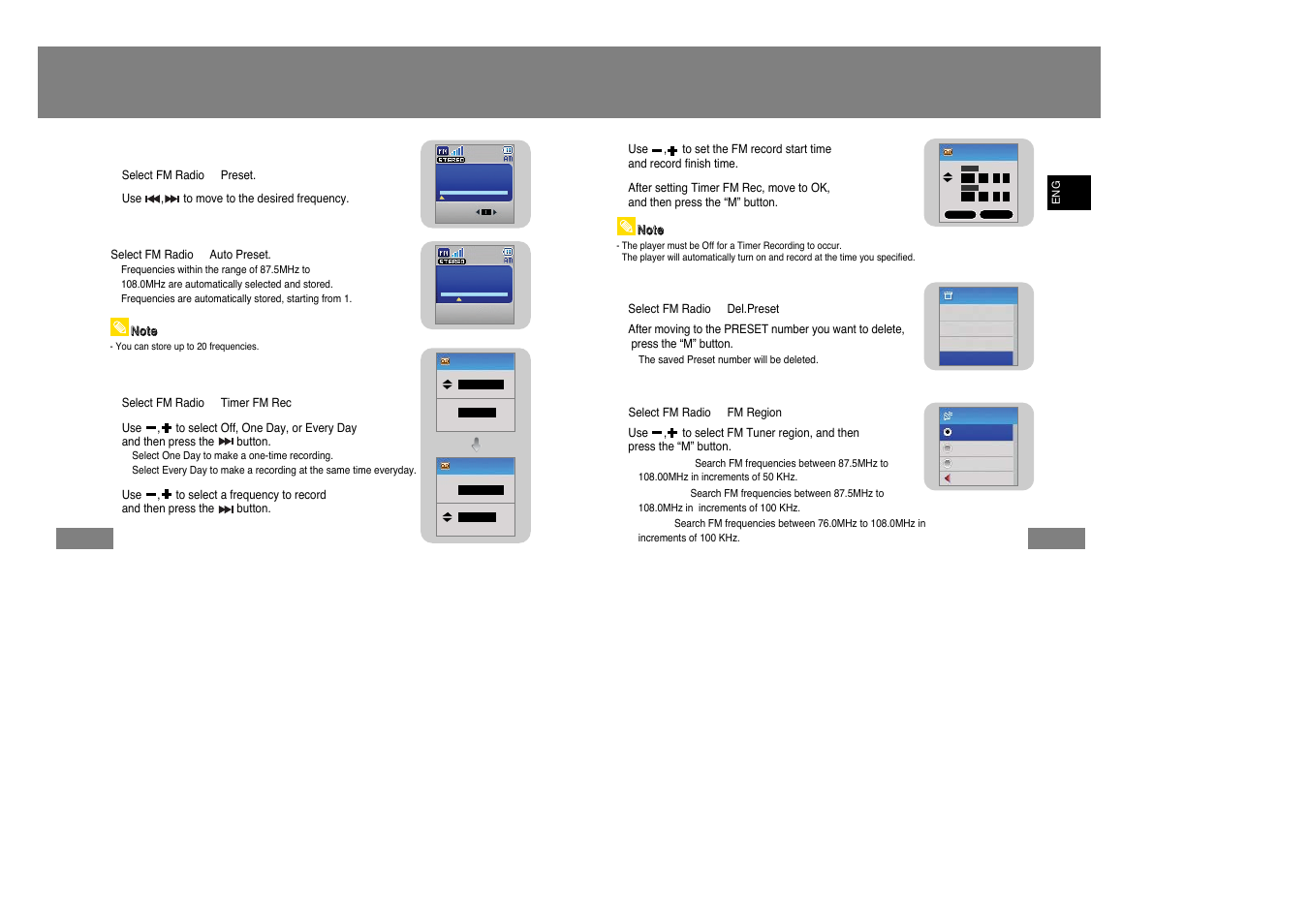 Fm radio settings, I searching stored frequencies, I timer fm rec | I automatic storage of a frequency, I preset delete, I fm region | Samsung YP-T7Z-XAA User Manual | Page 27 / 40