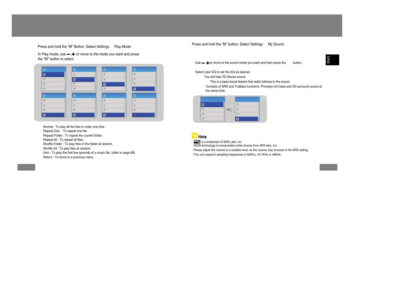 Selecting the play mode, Sound settings, Sound settings selecting the play mode | I preset eq | Samsung YP-T7Z-XAA User Manual | Page 30 / 40