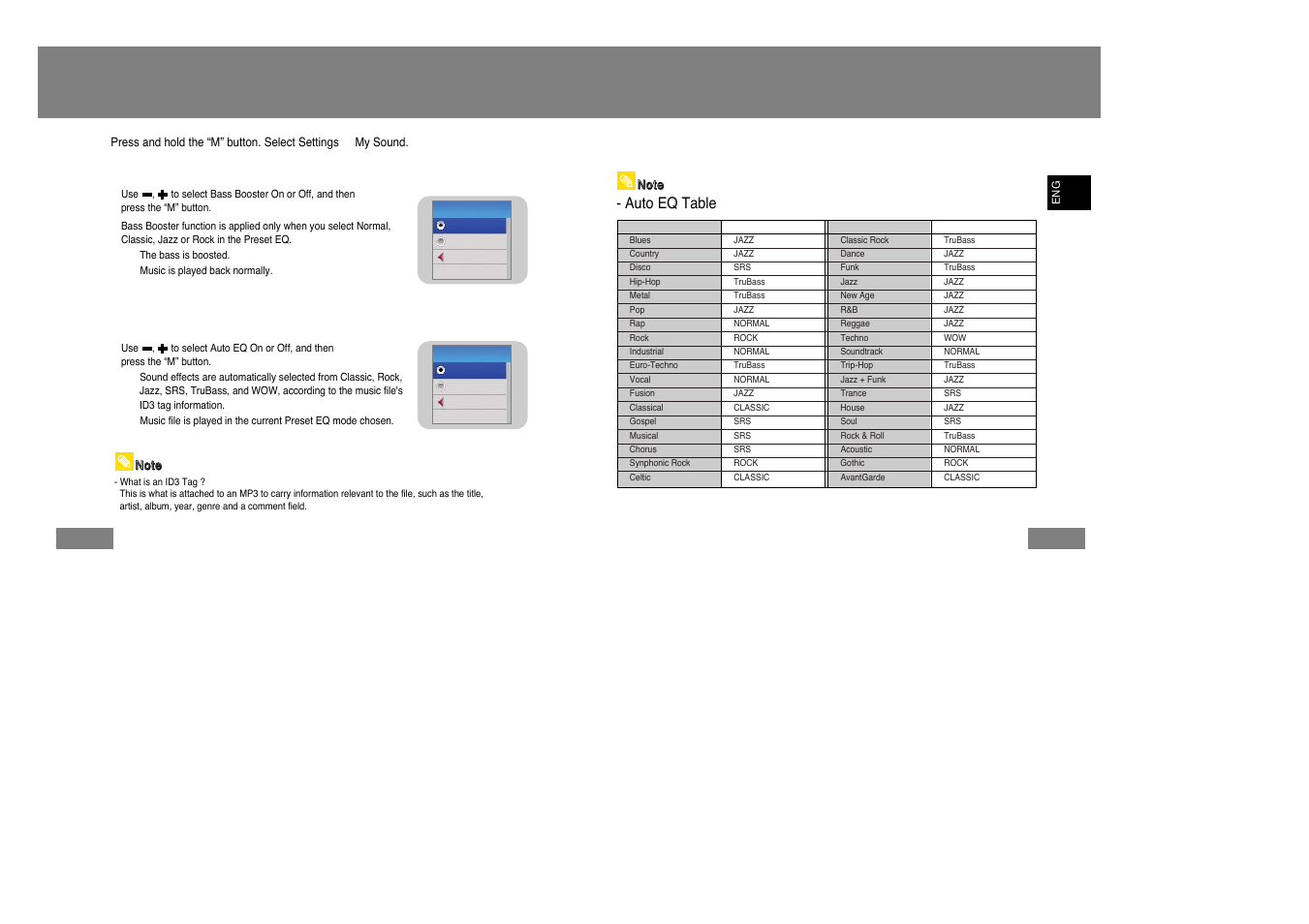 Sound settings, I bass booster, I auto eq | Auto eq table | Samsung YP-T7Z-XAA User Manual | Page 31 / 40