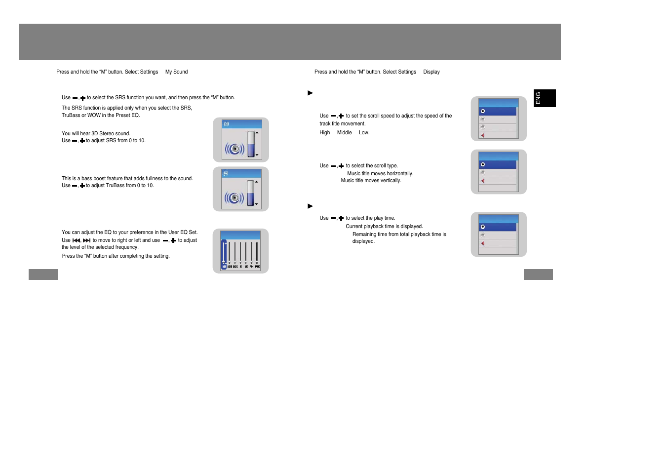 Display settings, Display settings sound settings, I wow set | I user eq set | Samsung YP-T7Z-XAA User Manual | Page 32 / 40