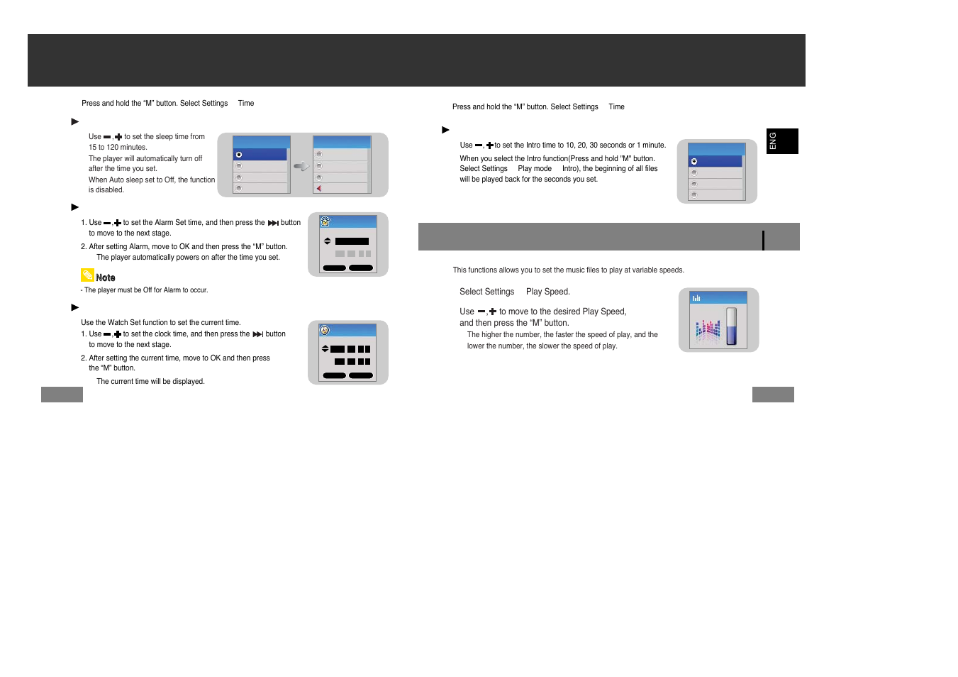 Play speed settings, Time settings | Samsung YP-T7Z-XAA User Manual | Page 35 / 40