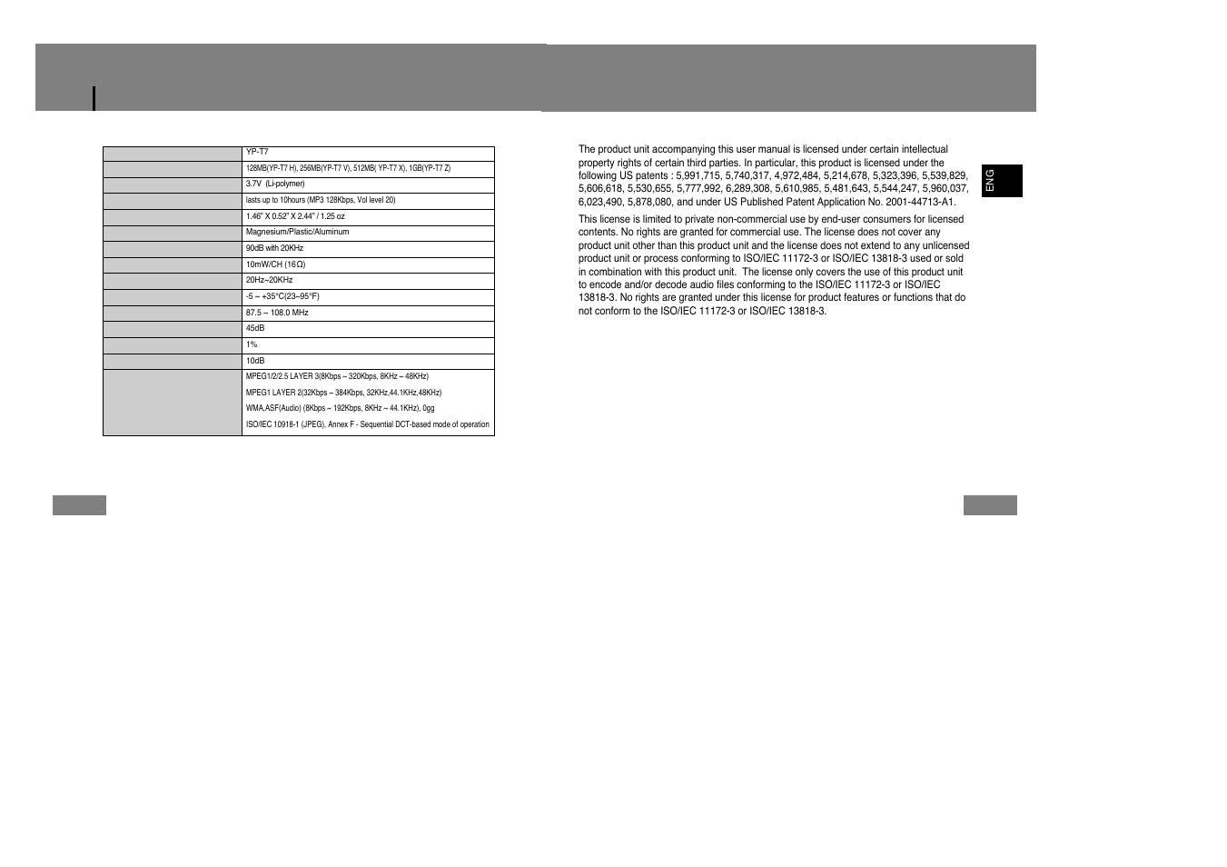 Specifications | Samsung YP-T7Z-XAA User Manual | Page 39 / 40