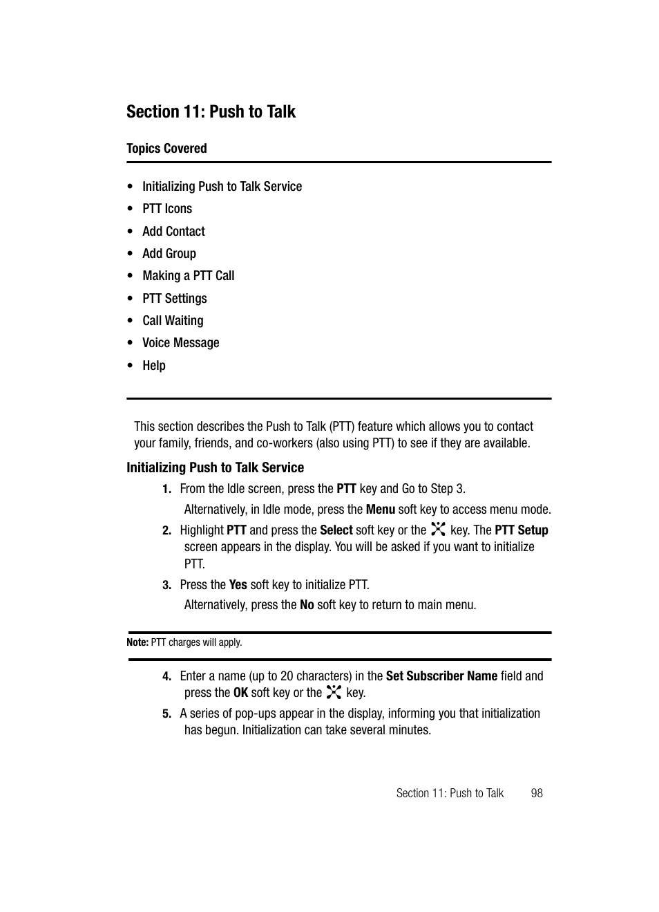 Section 11: push to talk, Initializing push to talk service | Samsung SGH-D347ZSACIN User Manual | Page 101 / 139