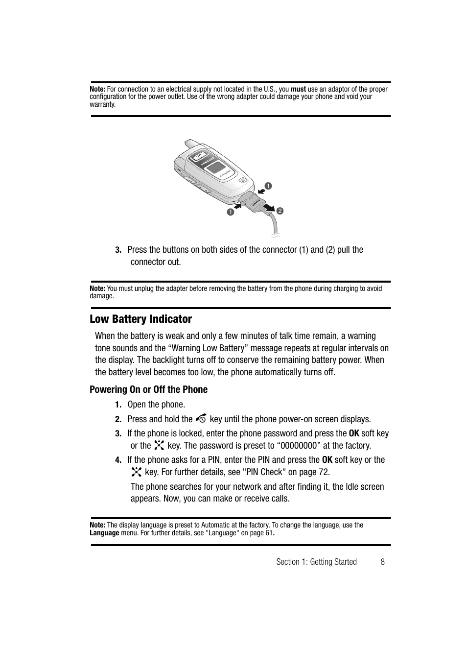 Powering on or off the phone, Low battery indicator | Samsung SGH-D347ZSACIN User Manual | Page 11 / 139