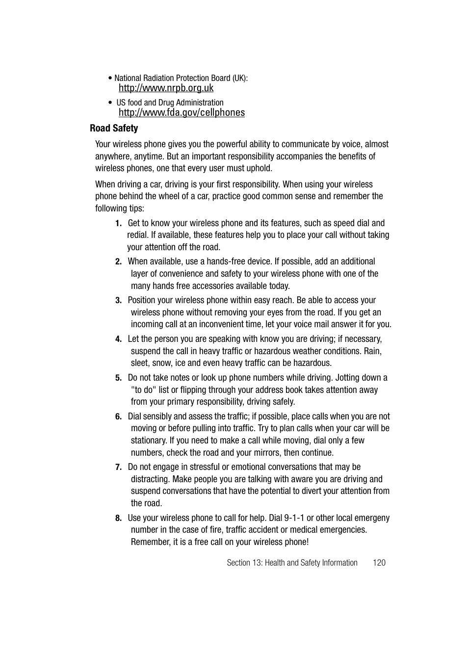 Road safety | Samsung SGH-D347ZSACIN User Manual | Page 123 / 139