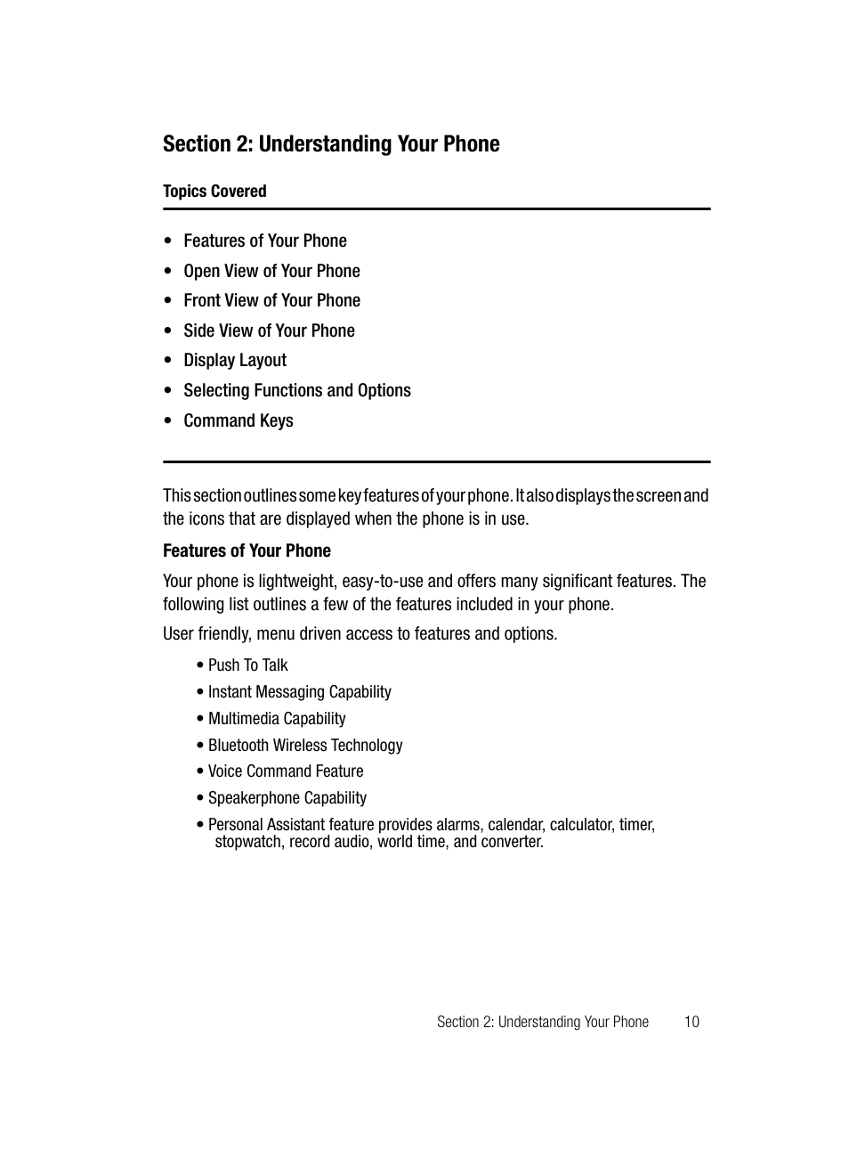 Section 2: understanding your phone, Features of your phone | Samsung SGH-D347ZSACIN User Manual | Page 13 / 139