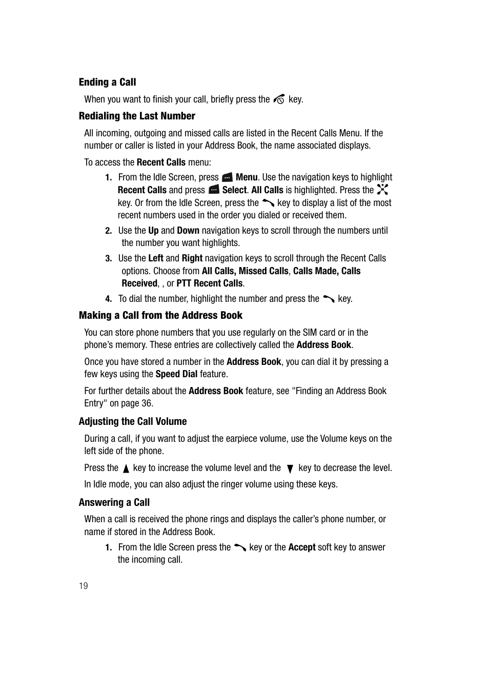 Adjusting the call volume answering a call | Samsung SGH-D347ZSACIN User Manual | Page 22 / 139