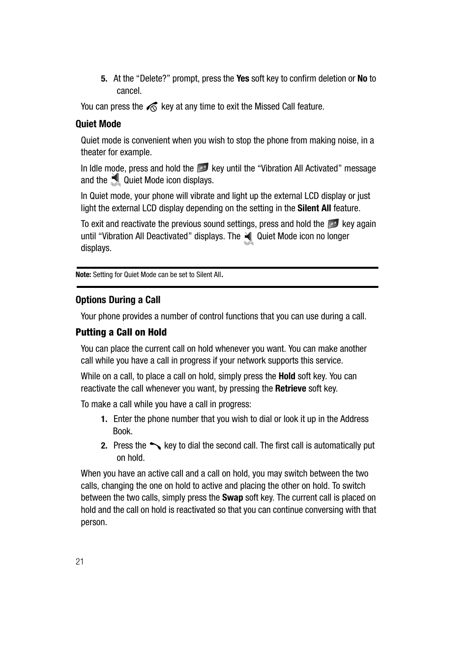 Quiet mode options during a call | Samsung SGH-D347ZSACIN User Manual | Page 24 / 139