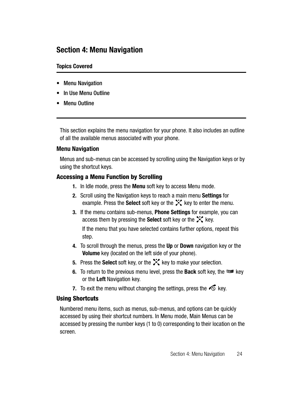 Section 4: menu navigation, Menu navigation | Samsung SGH-D347ZSACIN User Manual | Page 27 / 139