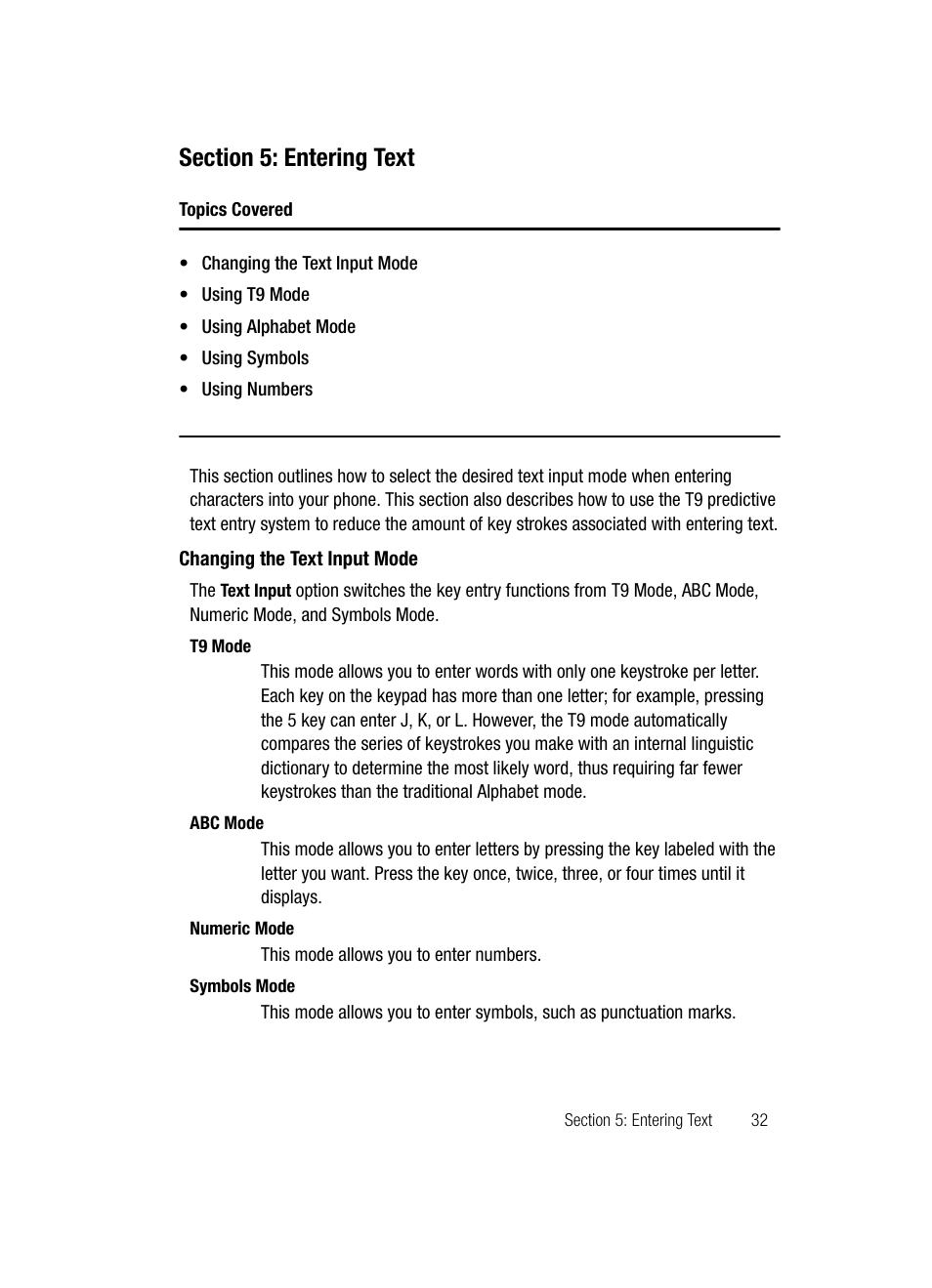 Section 5: entering text, Changing the text input mode | Samsung SGH-D347ZSACIN User Manual | Page 35 / 139