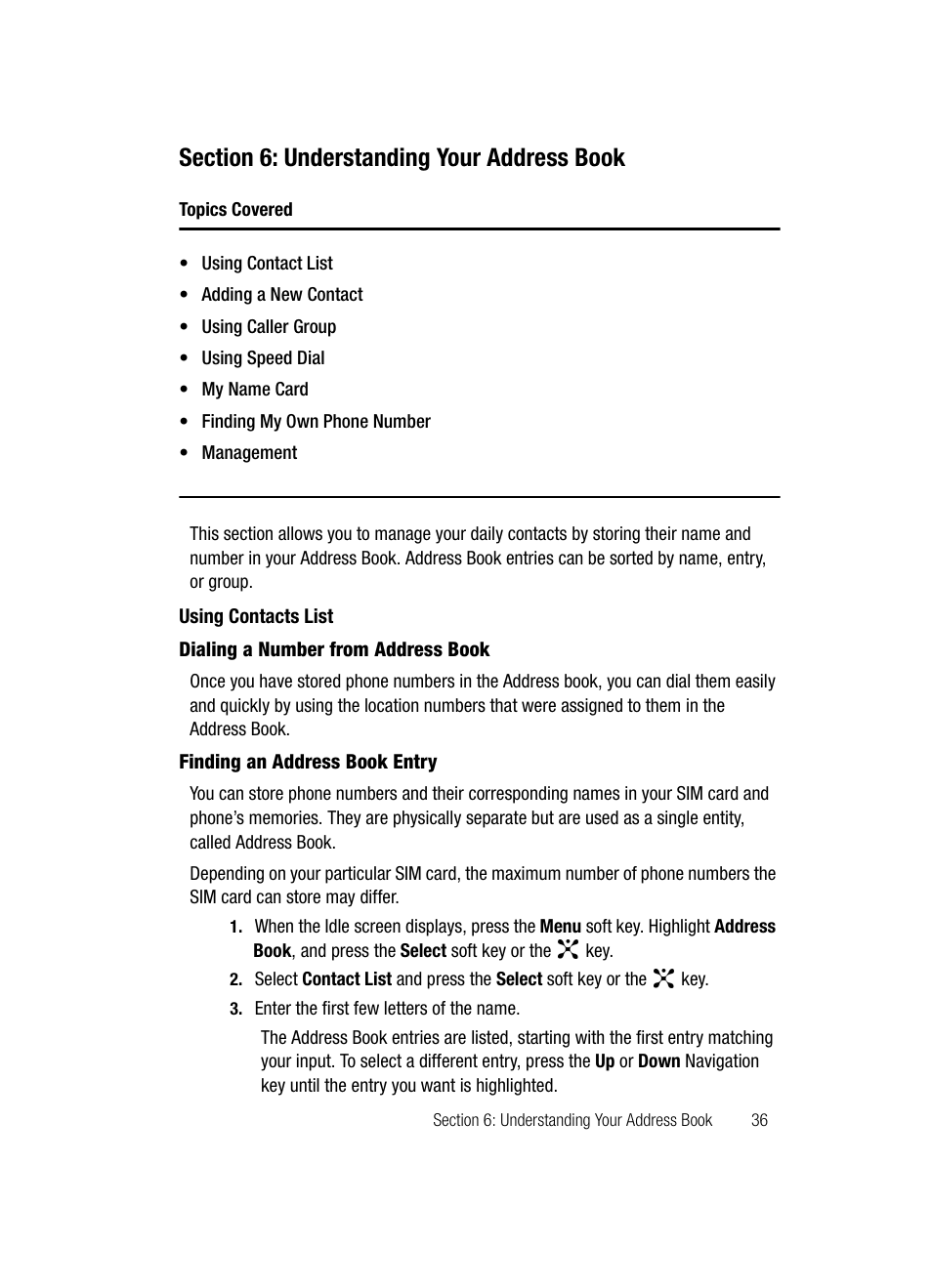 Section 6: understanding your address book, Using contacts list | Samsung SGH-D347ZSACIN User Manual | Page 39 / 139