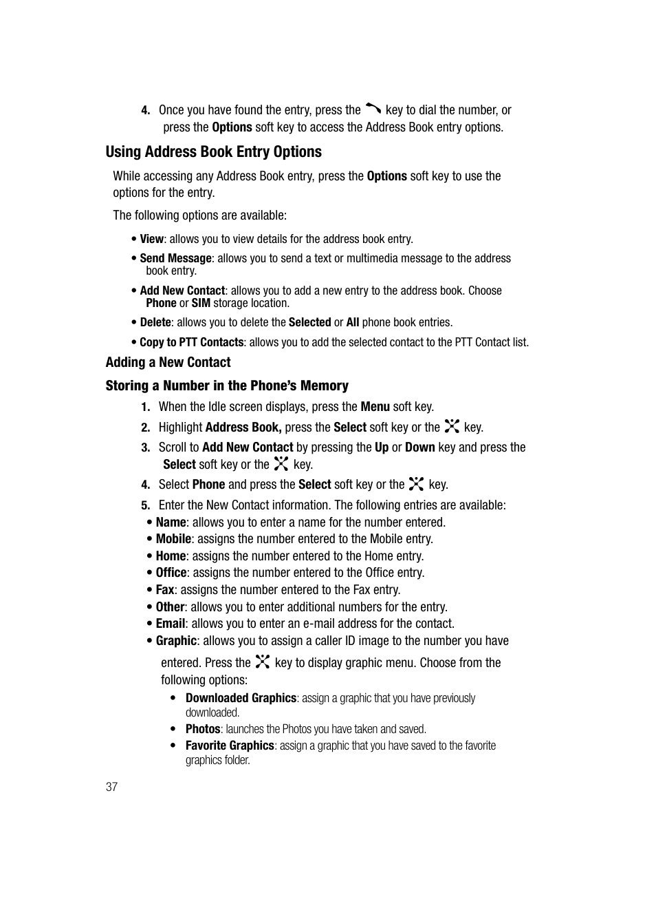 Adding a new contact, Using address book entry options | Samsung SGH-D347ZSACIN User Manual | Page 40 / 139