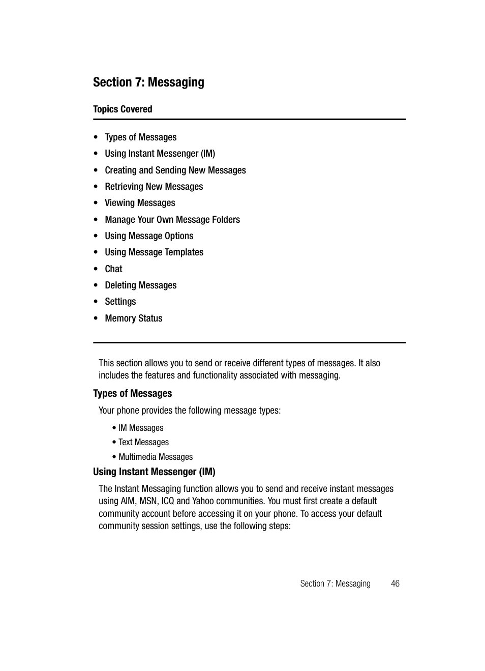 Section 7: messaging, Types of messages using instant messenger (im) | Samsung SGH-D347ZSACIN User Manual | Page 49 / 139