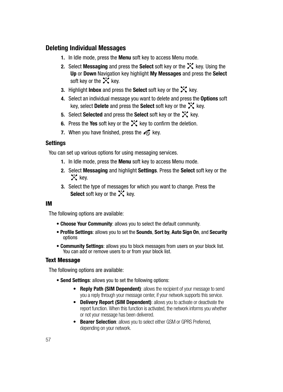 Settings, Deleting individual messages | Samsung SGH-D347ZSACIN User Manual | Page 60 / 139