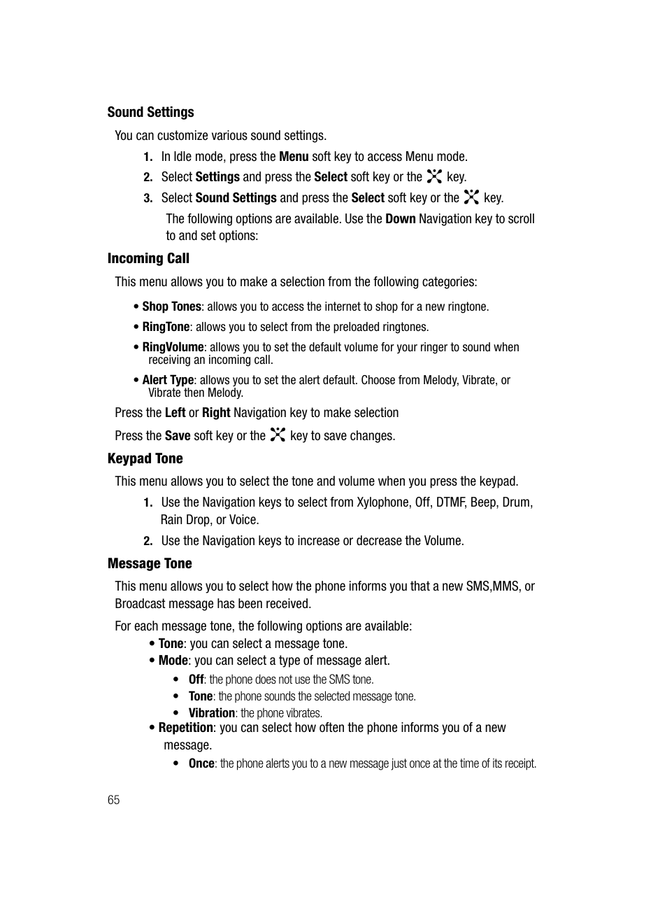 Sound settings | Samsung SGH-D347ZSACIN User Manual | Page 68 / 139