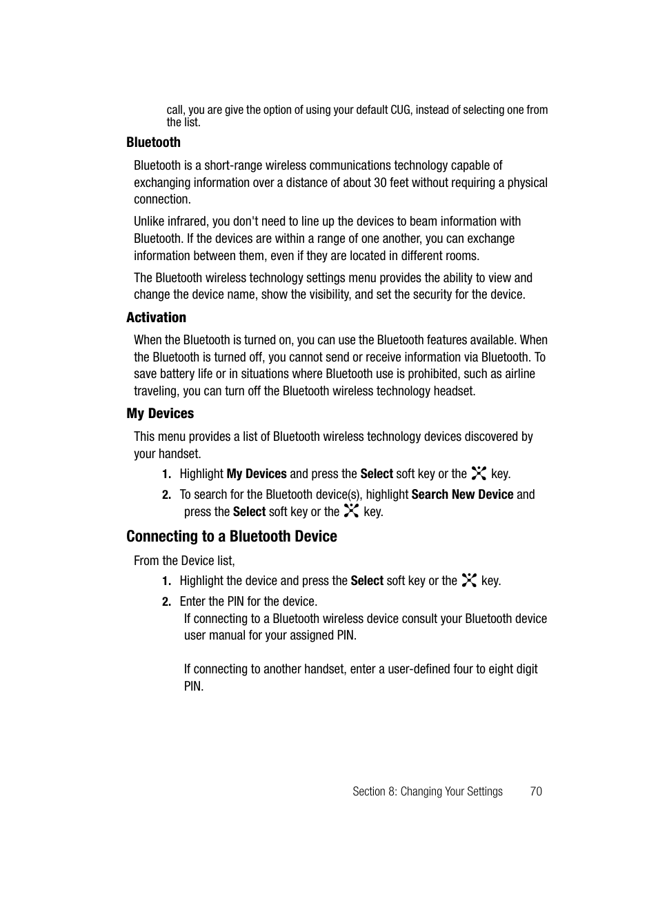 Bluetooth, Connecting to a bluetooth device | Samsung SGH-D347ZSACIN User Manual | Page 73 / 139