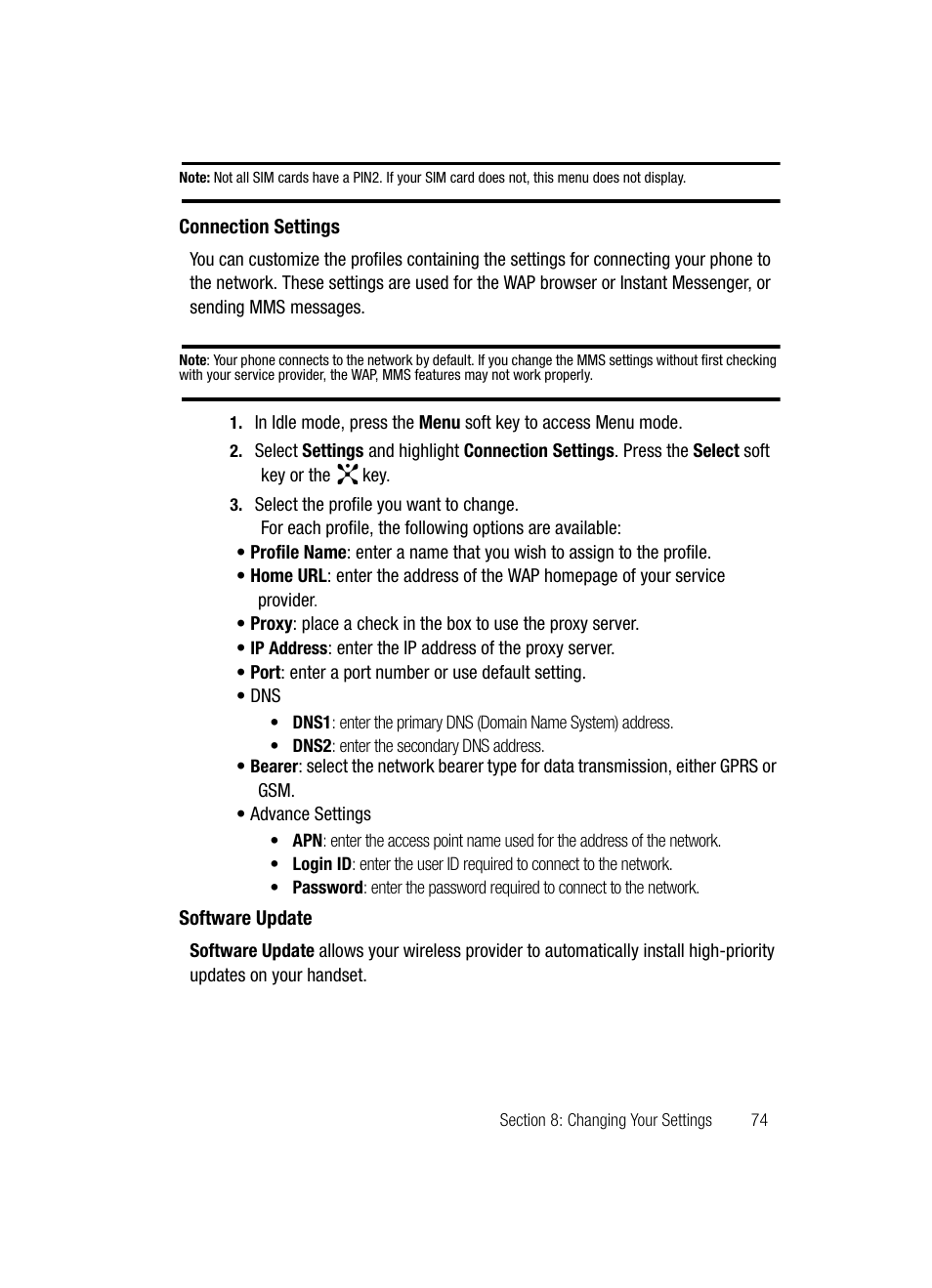 Connection settings software update | Samsung SGH-D347ZSACIN User Manual | Page 77 / 139