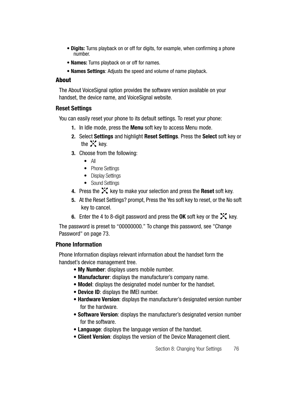 Reset settings phone information | Samsung SGH-D347ZSACIN User Manual | Page 79 / 139