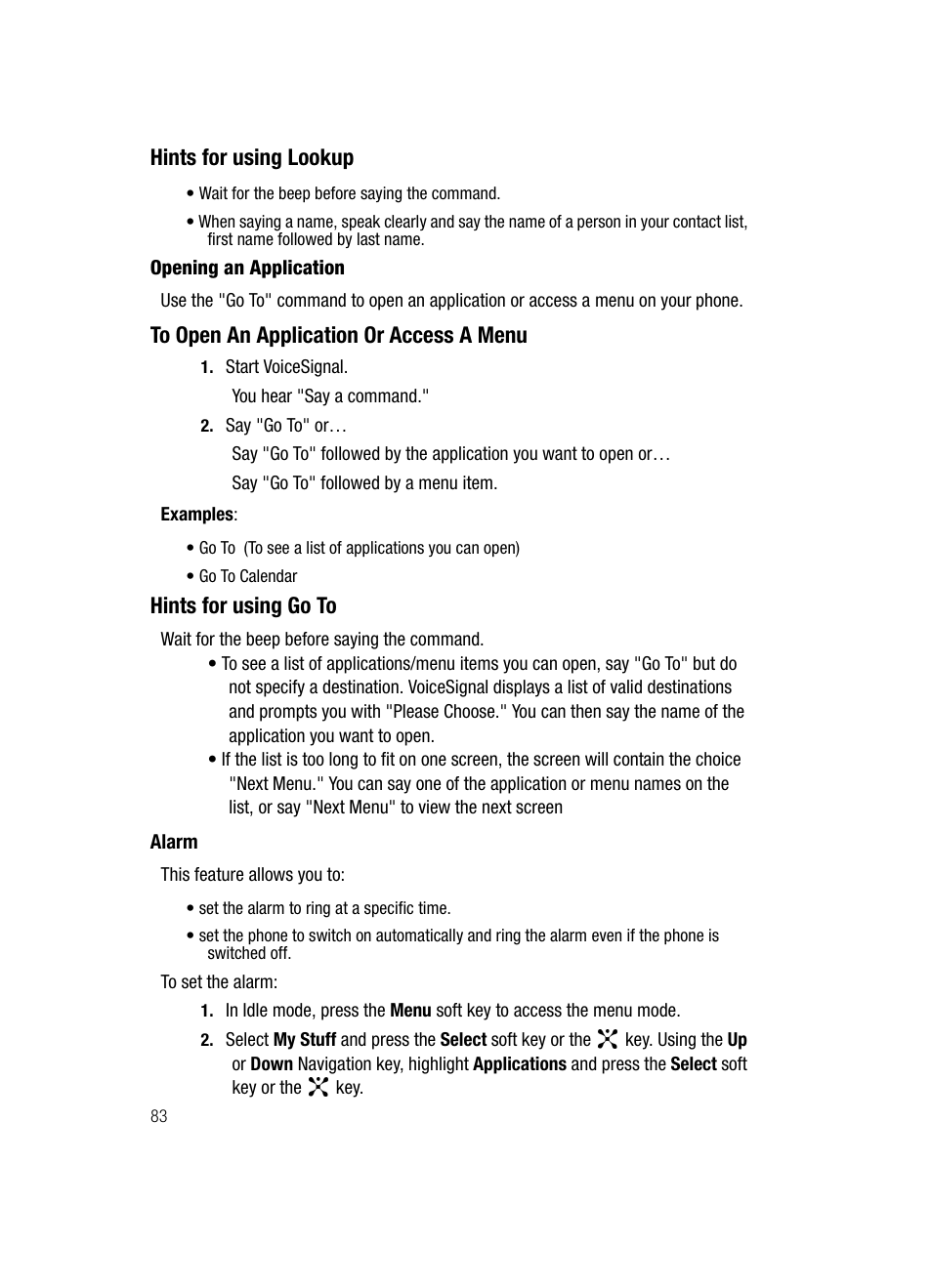 Alarm, Hints for using lookup, Hints for using go to | Samsung SGH-D347ZSACIN User Manual | Page 86 / 139