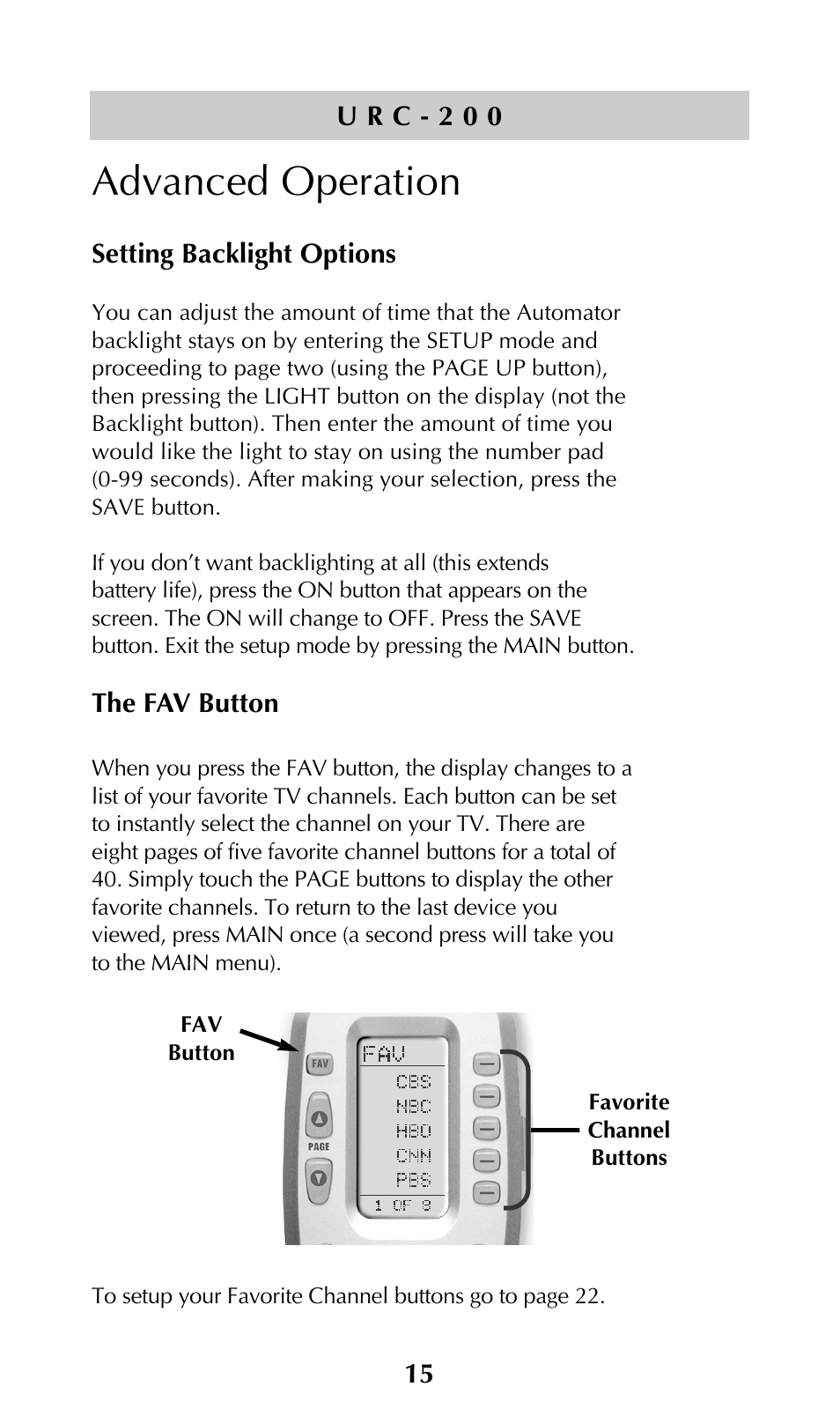 Advanced setup, Setting backlight options, The fav button | Advanced operation | Adcom URC-200 User Manual | Page 17 / 53